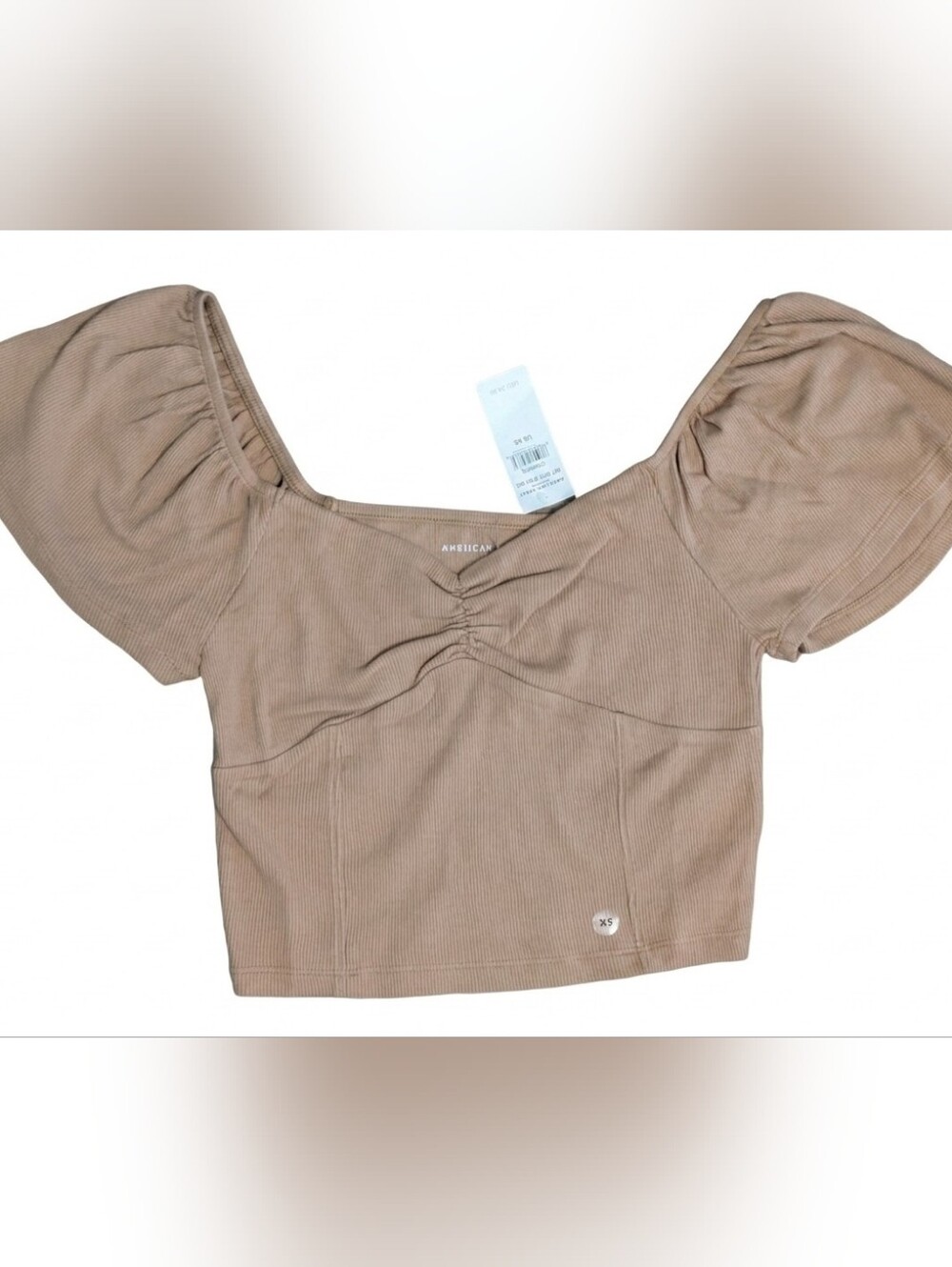 NWT American Eagle XS Tan Ribbed Off Shoulder Crop Top Ruched Puff Sleeve Casual
